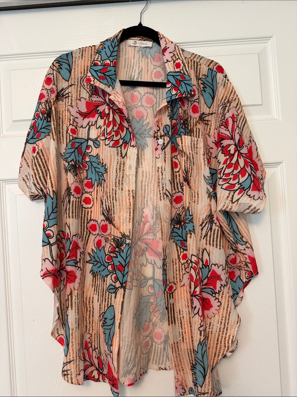 Cupshe Peach Floral Button-Up Shirt with Blue & Red Floral Print